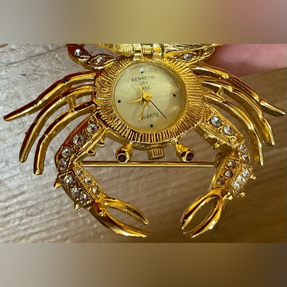 Kenneth Jay Lane: Crab blue Lapis gold/plated clear rhinestones watch brooch/pin main image 6